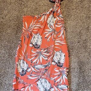 White Birch One-Shoulder Leaf Print Dress - Orange and White